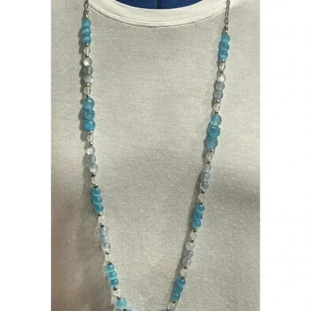 NY Blue Gray Beaded Long Strand Necklace Silver Tone Crystal Accents 36 Inch